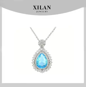 Blue Topaz Pendant Necklace with Teardrop Moissanite Inlay for Women Dainty Non Tarnish Elegant Wedding Jewelry Surprise Gift necklace dress drag queen blue jewelry gemstone charm