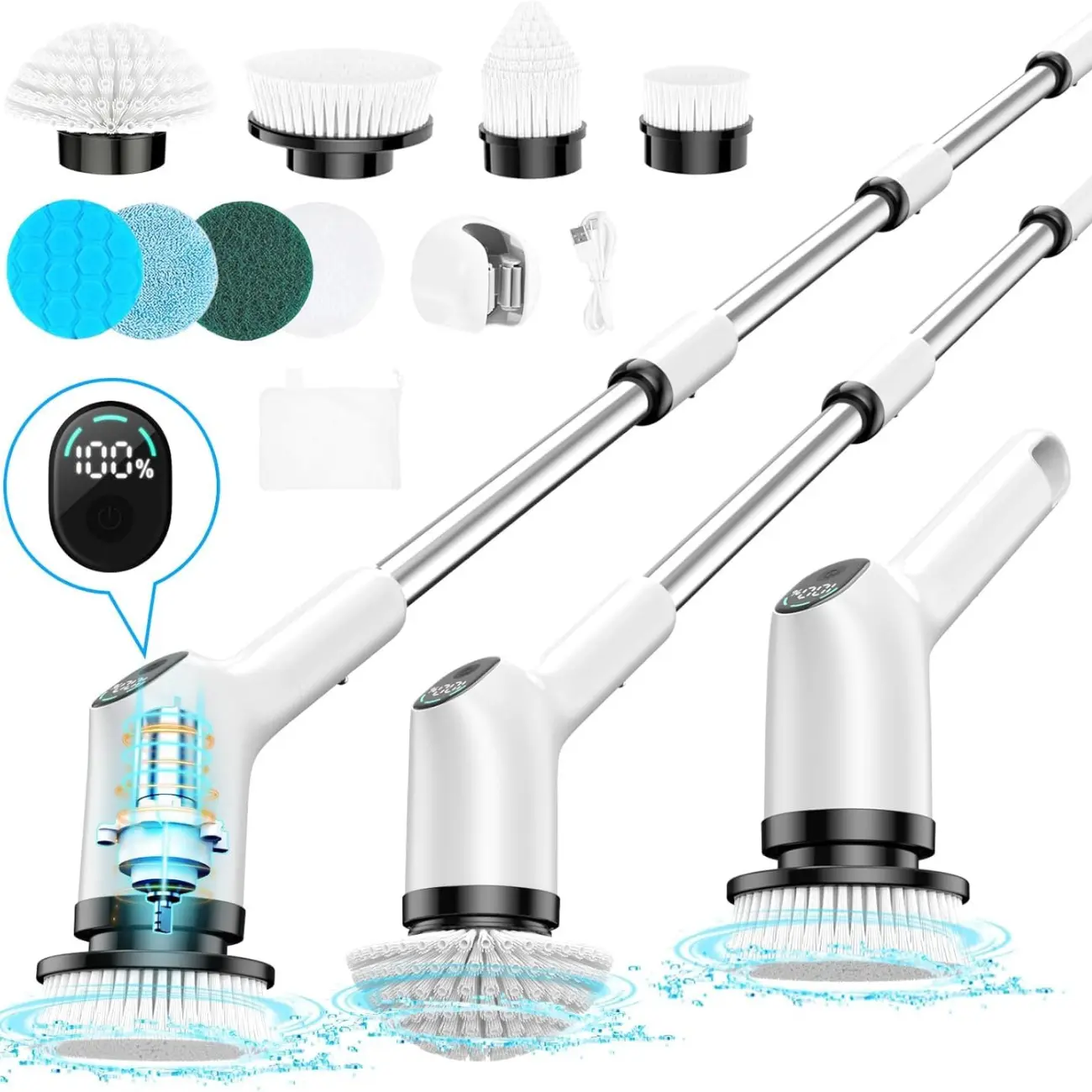 2026 Upgraded Cordless Power Electric Spin Scrubber, Cordless Shower Scrubber with 8 Replaceable Brush Heads, 3 Adjustable Speeds, LED Screen & Detachable Handle for Floor Cleaning, Cordless Power Scrubber