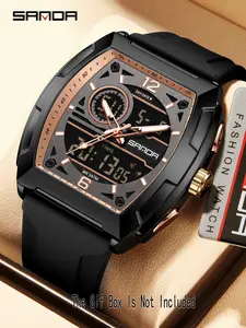 Sanda Men's Tonneau Watch for Teenagers, Big Dial, Waterproof, Multifunctional, Digital Watch, Countdown, 3 Time Zones, Stopwatch, Alarm, Luminous