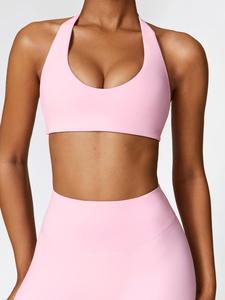 women's solid wireless pink halter sports bra, breathable comfortable high stretch sports bra, sports bra for women, athletic fall clothes, activewear, ladies sportswear for workout gym yoga, sports bra, gymclothes, workout clothes women, workout bras