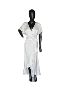 Soft Ivory Charmeuse Wrap High-Low Formal Dress