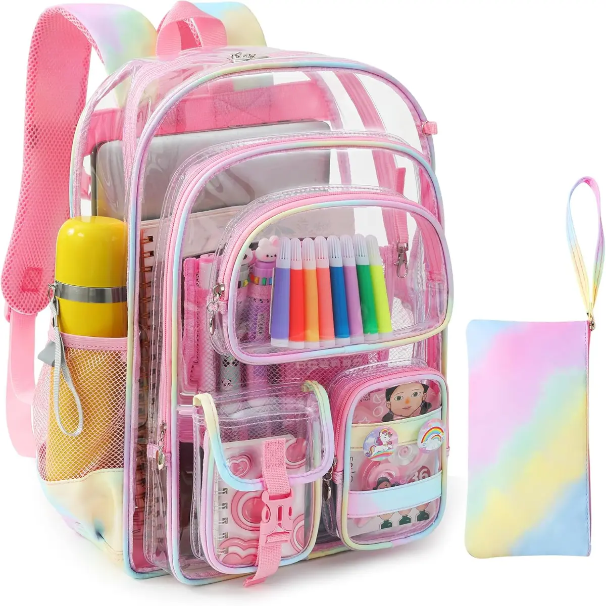Clear Backpack for Girls, Tie Dye Rainbow Clear Bookbag Set with Cute Accessories, Double Layer Heavy Duty Transparent Backpack for Girls Teens Adult 8 Ages+