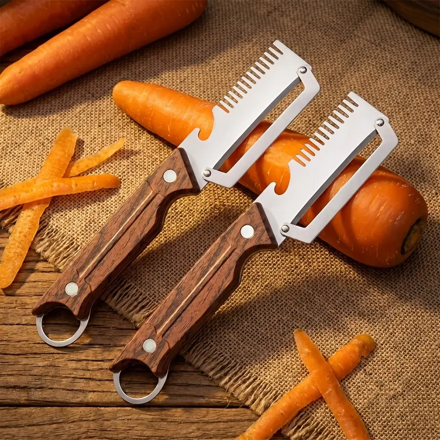 2pcs Kitchen Fruit And Vegetable Slicer, 304 Stainless Steel Material, Plastic Non-slip Handle, Easy to Clean, 3-in- Bottle Opener, Grater, And Peeler, Multifunctional Kitchen Tool