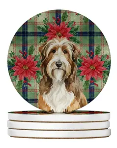Carolines Treasures WDK8502RCS4 4 x 4 in. Brown Bearded Collie Christmas Poinsettias Large Sandstone Coasters, Pack of 4