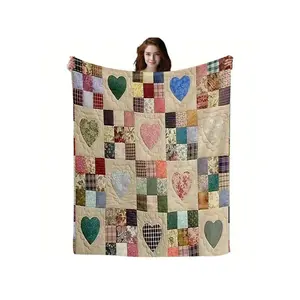 Handmade Quilted Heart Patchwork Blanket - Pink & Multicolor Plaid, Floral, Gingham & Plaid Squares, Soft Flannel All-Season Bedspread, Sofa Throw, Camping & Travel Bed Cover, Machine Washable Cozy Bedding (Pink/Green/Blue/Purple)-30*40in