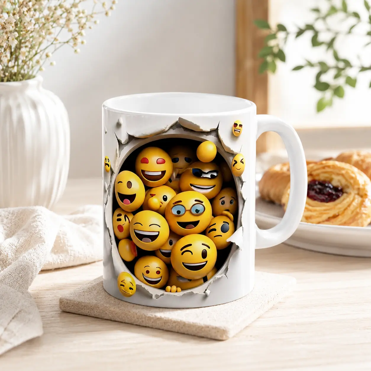3D Effect Printed Funny Emoji Coffee Mug, 3D Smile Face Drinkware, Cute Novelty Gift for Friends, Office Desk Kitchenware Item