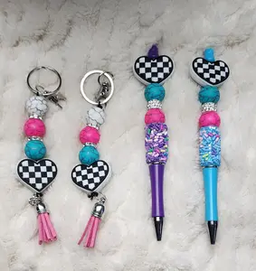 Purple & Turquoise Beaded Keychain With Checkered Heart Keychain, Pen and Sticker Set