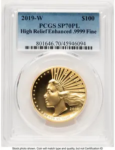 Modern Bullion Coins (2019-W G$100 American Liberty High Relief, Enhanced, PL  Blue Gradient)
