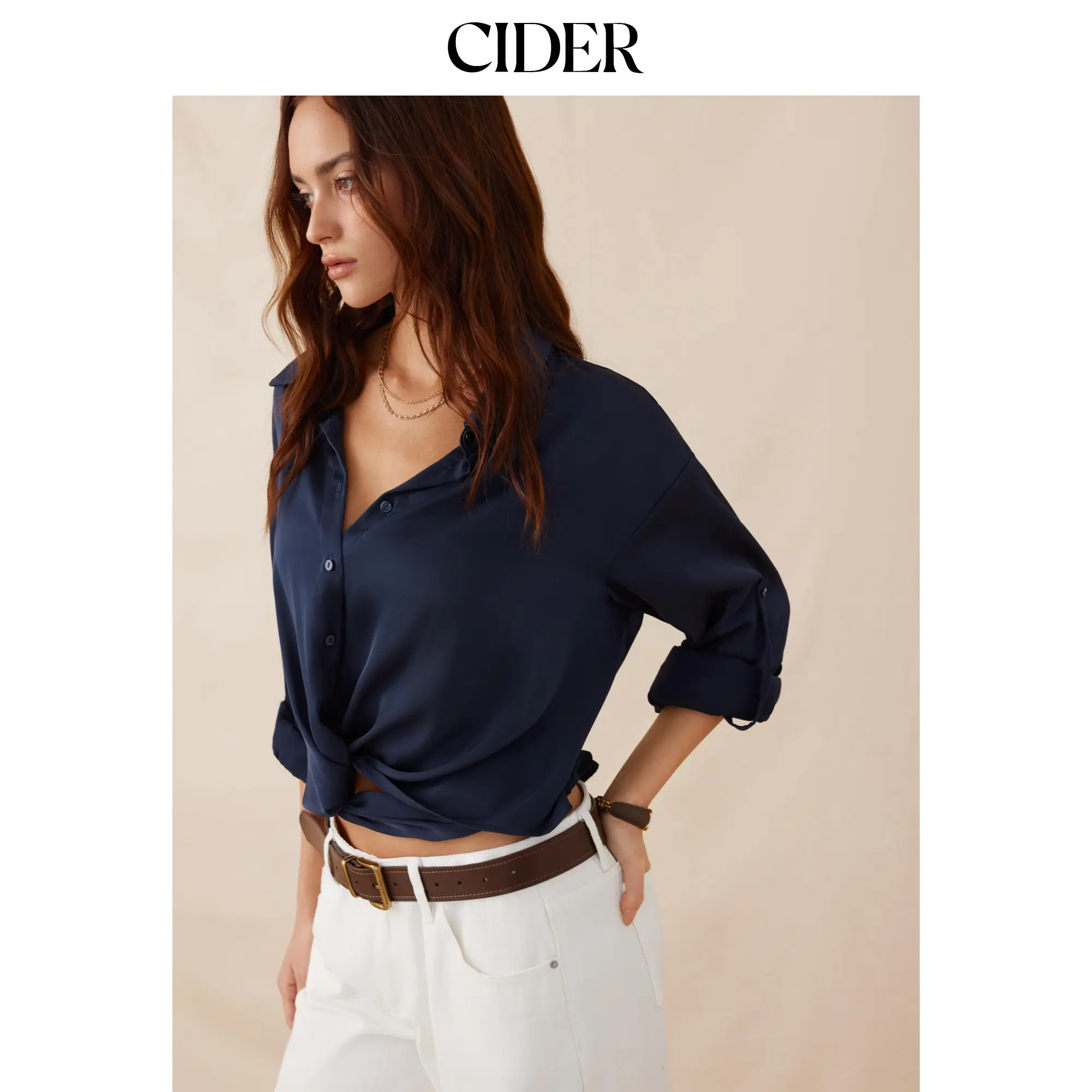 Cider Satin Twist Knotted Long Sleeve Crop Blouse