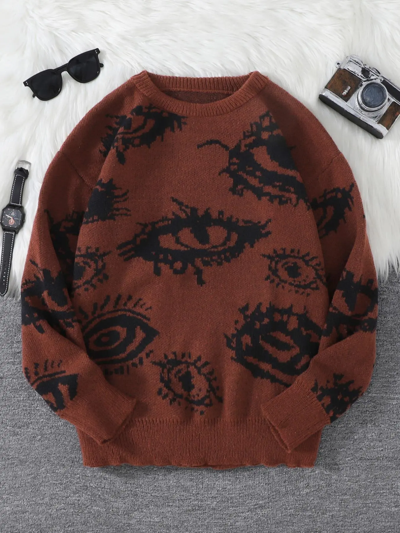 Unisex Halloween Devil Eye Graphic Hoodie Sweater, Round Neck Long Sleeve Knit Top, Asymmetrical Design, Polyester, Fall & Winter Party Wear, Casual, Knitwear, Knit Fabric Pullover