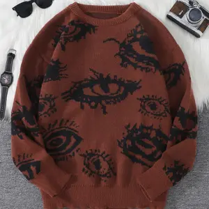 Unisex Halloween Devil's Eye Hoodie Sweater, Round Neck Long Sleeve Knitted Top, Asymmetric Design, Polyester Fiber, Autumn/Winter Party Dress, Casual