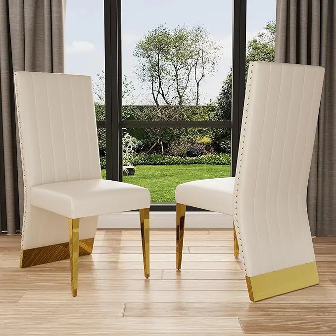 AUZ Leather Dining Chairs (Set of 2) - White and Gold, High Back, Polished Metal Legs, Glam Durable Luxury Indoor Furniture for Dining Rooms, Kitchens, Assembly Required, Easy To Clean