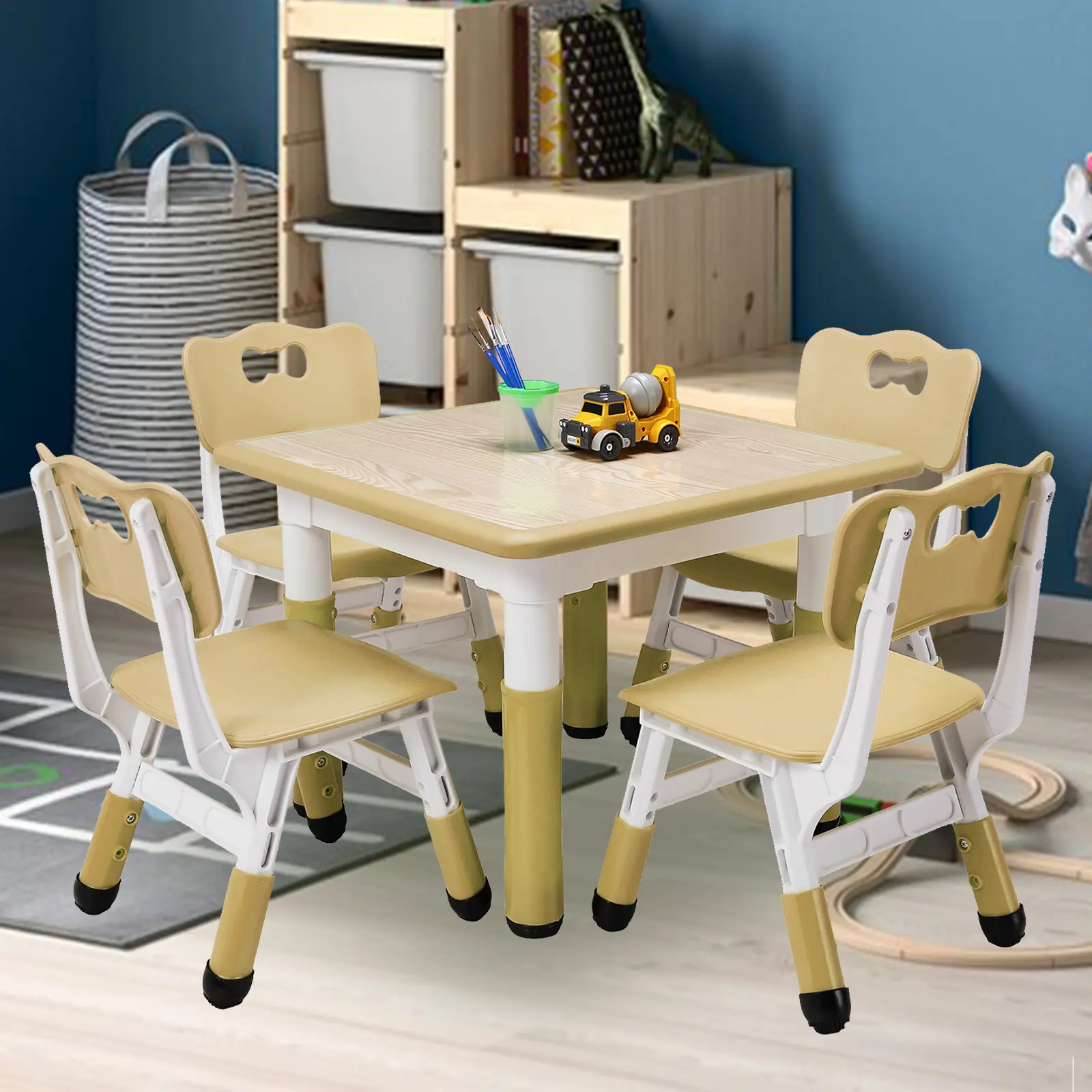 Adjustable Kids Table and 4 Chairs Set for Ages 2-10, Home, Study Area, Daycare  Height Customizable, Multi-Activity Desk, Easy-Clean Graffiti-Resistant Surface, Non-Slip Legs, Sturdy Plastic