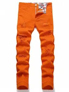 Men's Bright Orange Distressed Straight Leg Jeans