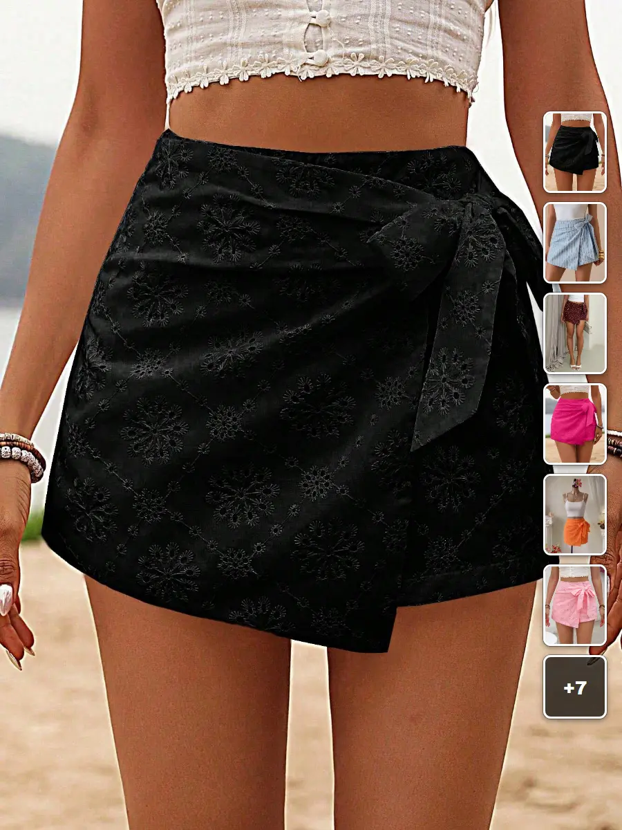 Eyelet Mini Skirt Lace Up Wrap Solid Color Beach Vacation Summer Outfit