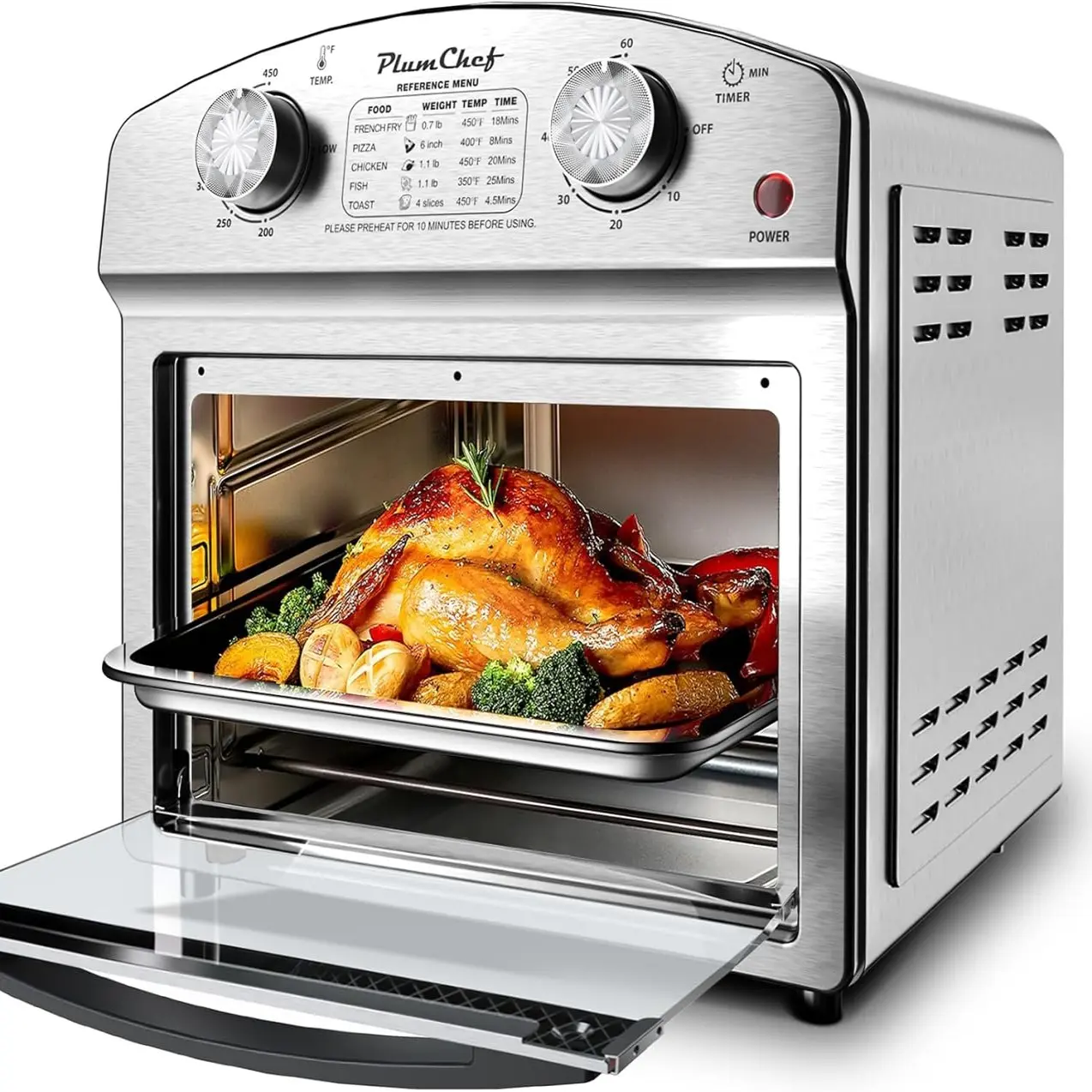 PlumChef 13 Qt 7-in-1 Stainless Steel Convection Toaster Oven - 1500W, 5 Pre-Set Menus (Roast, Bake, Grill, Broil, Toast), Dehydrate, Defrost, Air Fry, Steam Circulation, Family Meals, Timer, Pull-Down Crumb Tray, Removable Trays, Silver toaster oven, Man