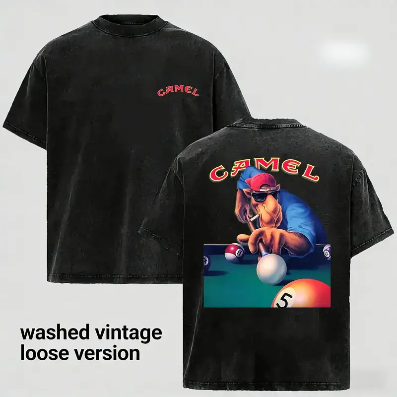 Camel Joe Pool Playing Graphic Tee Washed 100 Cotton T Shirt Retro Distressed Short Sleeve Casual Streetwear Billiards Shirt Summer Fashion Top Relaxed Fit Loose Version Crew Neck Unisex Tee for Retro Fans