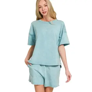 Teal Acid Washed Short Sleeve Tee & Shorts Set Women's Casual Two-Piece Comfortable Cotton Outfit Soft Crewneck Suits Hip Stretchy Warmer Basic Minimalist