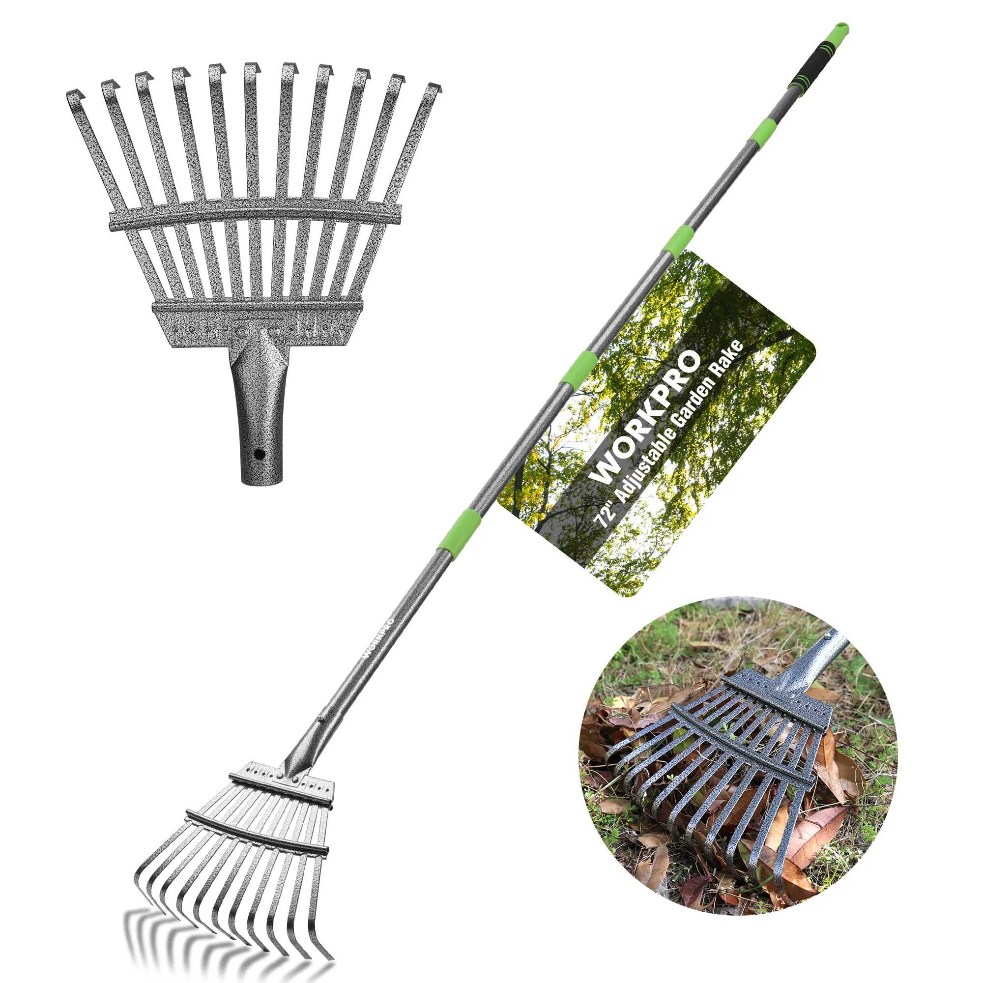 WORKPRO Rake, Small Rake for Leaves with 72” Adjustable Long Handle, 11 Steel Tines, Heavy Duty Metal Leaf Rakes for Garden, Lawn, Yard, Shrub, Flower Bed, Narrow Rakes 9" Wide Head for Tight Spaces