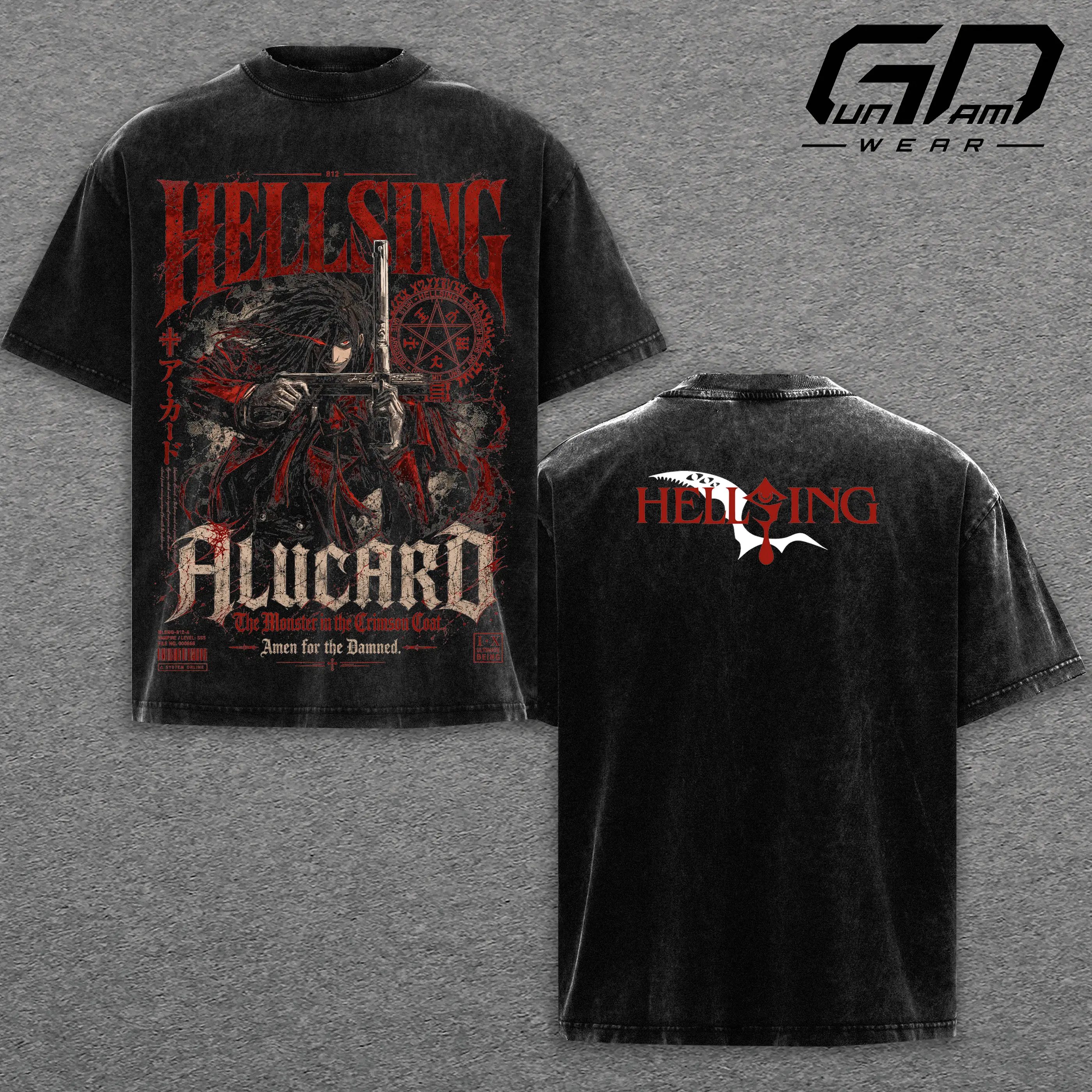 Hellsing "Alucard The Monster in the Crimson Coat" T-Shirt, Vintage Washed Heavyweight Tee with "Amen for the Damned" Quote & Hellsing Crest Art. Anime Graphic Streetwear Apparel, Perfect Gift for Hellsing Fans and Manga Enthusiasts