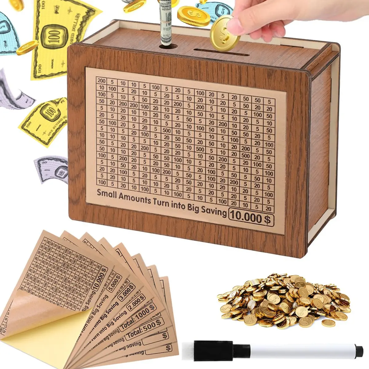 Wooden Money Box with Counter, Reusable Wooden Money Box, Retro Money Bank with Money Saving Target, Accounting Supplies for Students Adults, Coin Piggy Bank, Money Savings Box