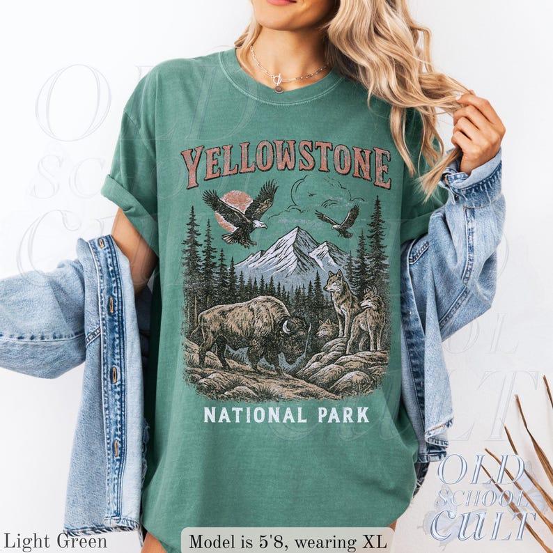 Comfort Colors Yellowstone National Park Vintage 90s Stlye T-Shirt, Wildlife Graphic Tee with Bison Wolves Eagles, 90s Hiking Nature Shirt