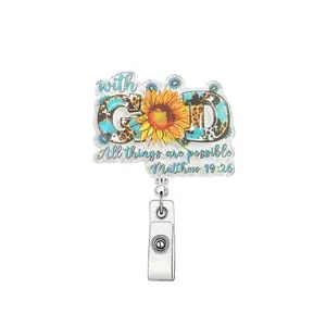 Sunflower & Letter Pattern Retractable Badge Holder, 1 Count Badge Scroll Badge Clip, ID Card Pack for Student Office Staff Doctor Nurse Teacher, Office Supplies, Badge Reels