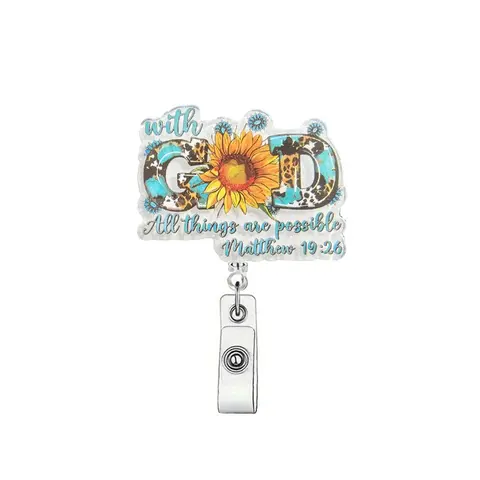 Sunflower & Letter Pattern Retractable Badge Holder, 1 Count Badge Scroll Badge Clip, ID Card Pack for Student Office Staff Doctor Nurse Teacher, ID Badge Holders Retractable, Office Supplies, Badge Reels, Nursing Student Badge Reel