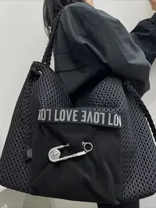 Ladies' fashionable and casual large capacity mesh spliced shoulder bag, retro street style city bag, large pin design Y2K front pocket handbag, suitable for daily use and vacation