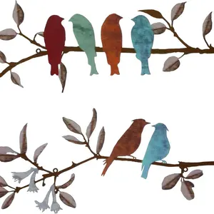 2 Pcs Metal Birds Wall Art Decor Vivid Birds on Branch with Leaves Rustic Wall Decor Waterproof Metal Sculpture Hanging Sign for Home Balcony Garden Indoor Outdoor(Colorful)