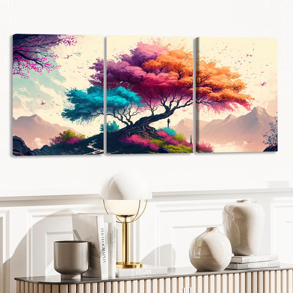 3Pcs Wooden Framed Canvas Painting, Colorful Fantasy Tree And Mountain Landscape, Exquisite Poster, Home Decoration, Pattern Wall Art Decor, For Living Room, Bedroom, Office, Restaurant, Bar Wall Decor, Odorless, Painting, Print Artwork.