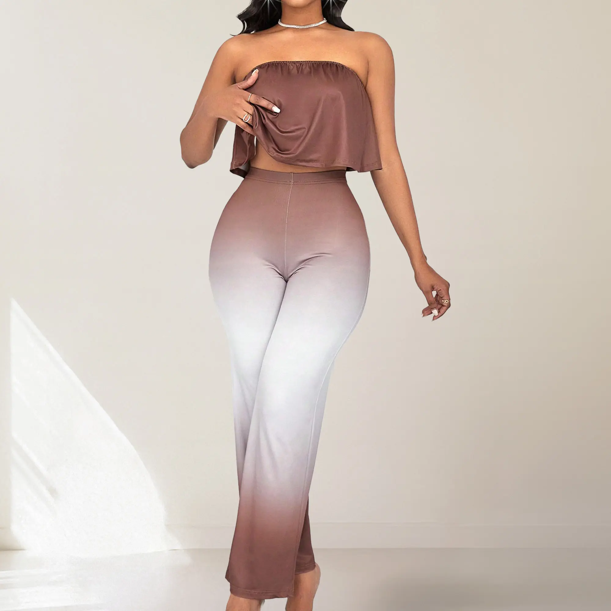 Women's Chic Fashion Jumpsuit - Elegant Spring Summer Strapless Dressy Casual Gradient High Waist Overalls, 95% Polyester 5% Spandex Sleeveless Comfortable Fabric Set