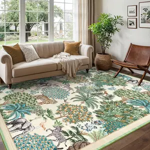 【Christmas Gift】9x12 Runner Rug for Hallway, Washable Floral Throw Rug, Modern Jungle Animal Non Slip Indoor Mat, for Entryway, Laundry, Kitchen, Beige