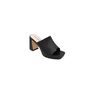 Pierre Dumas Lois Platform Heels for Women - Black Pu Sandals with Square Toe & Long Block Heel - Summer Footwear