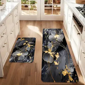 Black & Gold Marble Pattern Kitchen Rugs, 2 Counts/set Non-slip Kitchen Mat, Rectangle Home Decor Floor Mat for Home Kitchen Living Room Bedroom, Kitchen Rugs Sets