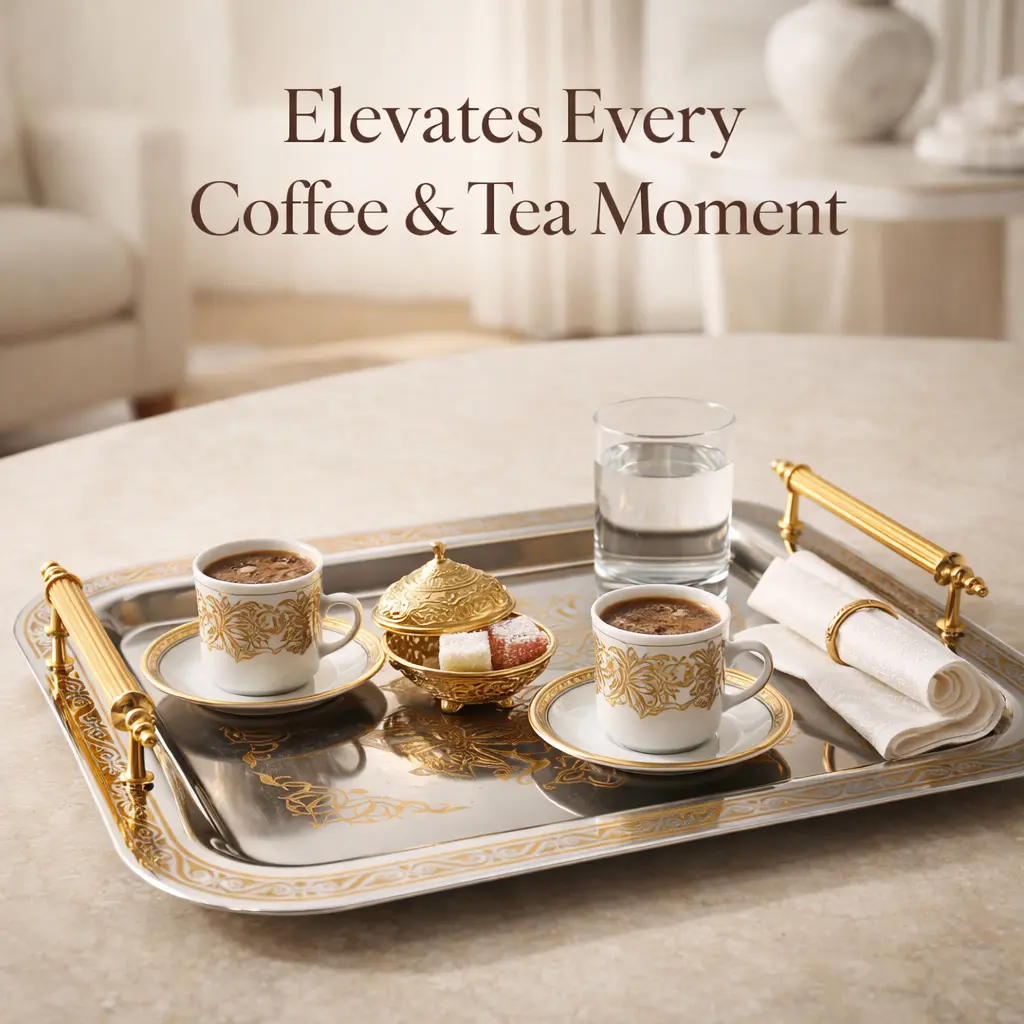Park&Oz Set of 2 Stackable Stainless-Steel Trays – 14.5'' x 9.8'' Elegant Rectangle Ottoman-Style Decorative Trays – Multi-Purpose Non-Tarnishing Serving Trays for Coffee, Beverages, and Home Decor (GOLD)