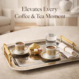 Park&Oz Set of 2 Stackable Stainless-Steel Trays – 14.5'' x 9.8'' Elegant Rectangle Ottoman-Style Decorative Trays – Multi-Purpose Non-Tarnishing Serving Trays for Coffee, Beverages, and Home Decor (GOLD)