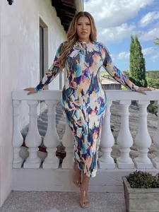 Plus Size Abstract Art Print Graphic Bodycon Midi Dress | Long Sleeve Mock Neck Slim Fit Dresses for Party