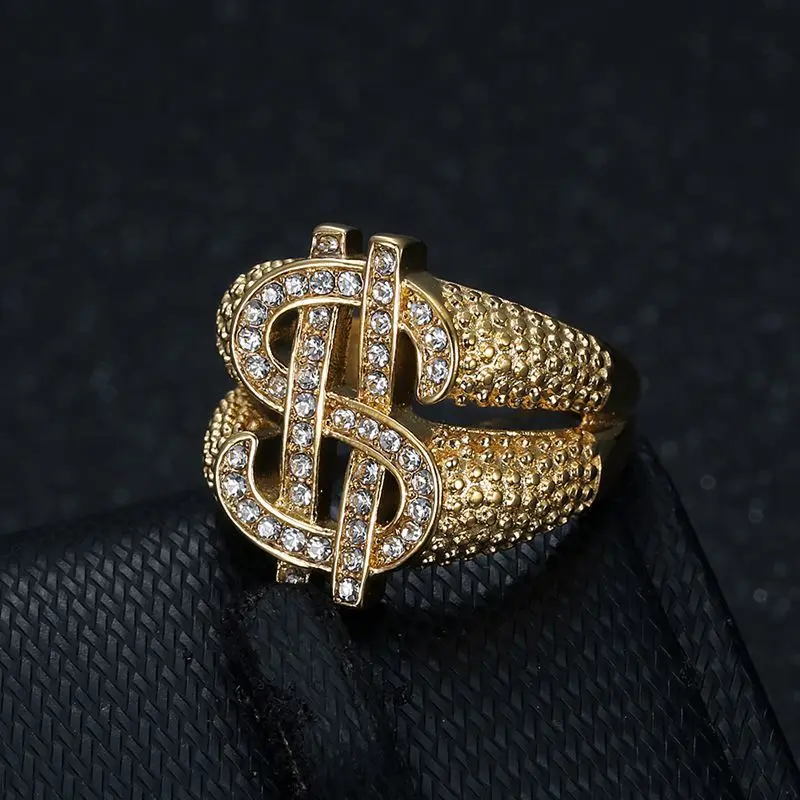 Fanshu Stainless Steel Gold-Plated Punk Style Ring, US Dollar Money Sign Design, Bling Fashion Jewelry for Men, Ideal Gift Accessory