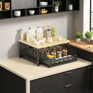 Microwave Shelf with Drawer, Space-Saving Multi-Functional Organizer, Coffee Bar Storage, Ideal for Coffee Maker, Tea Bags, Utensils, Kitchen Storage Solution