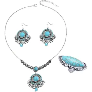 Bohemian Turquoise Jewelery Set for Women Western Jewelry Boho Dangle Earring Open Ring Band Necklace Pendant Choker Oxidized Antique Bollywood Vintage Cowgirls Wedding Hippie Statement Birthday Party