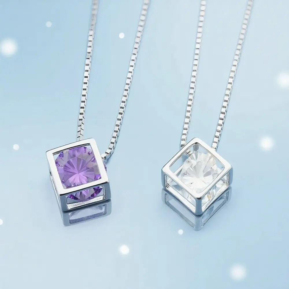 EJG 925 Sterling Silver Baroque Necklace, Unisex Minimalist Chain with Lavender Cubic Zirconia Pendant, Adjustable & Hypoallergenic, Lavender Pendant, Daily Wear Jewelry, Cable Chain, Casual, Synthetic
