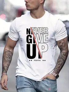 Men’s Comfy "Never Give Up" Positive Graphic Tee - Viral Motivational Casual Short Sleeve