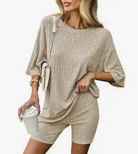 Women's Solid Loungewear Set - Casual Comfy Round Neck Half Sleeve T-shirt & Modesty Shorts Pj Set, Ribbed Material, Soft and Cozy for All Seasons