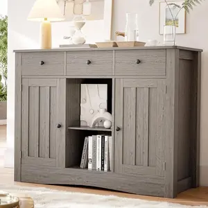 Farmhouse Buffet Cabinet, Kitchen Storage Cabinet with Adjustable Shelves, 3 Drawers and 2 Doors, Sideboard Buffet Cabinet for Dining Room, Living Room, Grey