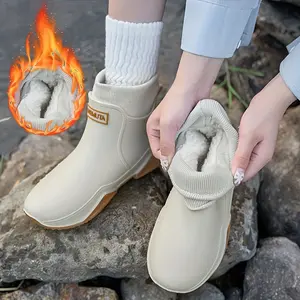 Short Tube Fixed Fleece-Lined Warm Autumn Winter Rain Boots Couple Style Waterproof Garden Rain Shoes for Women