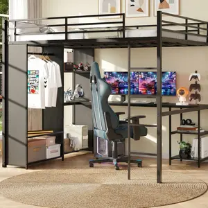 Queen Size Metal Loft Bed with L‑Shaped Desk, Wardrobe, Storage Shelves, Hanging Rod, Guardrail, Sturdy Ladder, Noise‑Free Frame & LED Lights – Space‑Saving Bedroom Solution