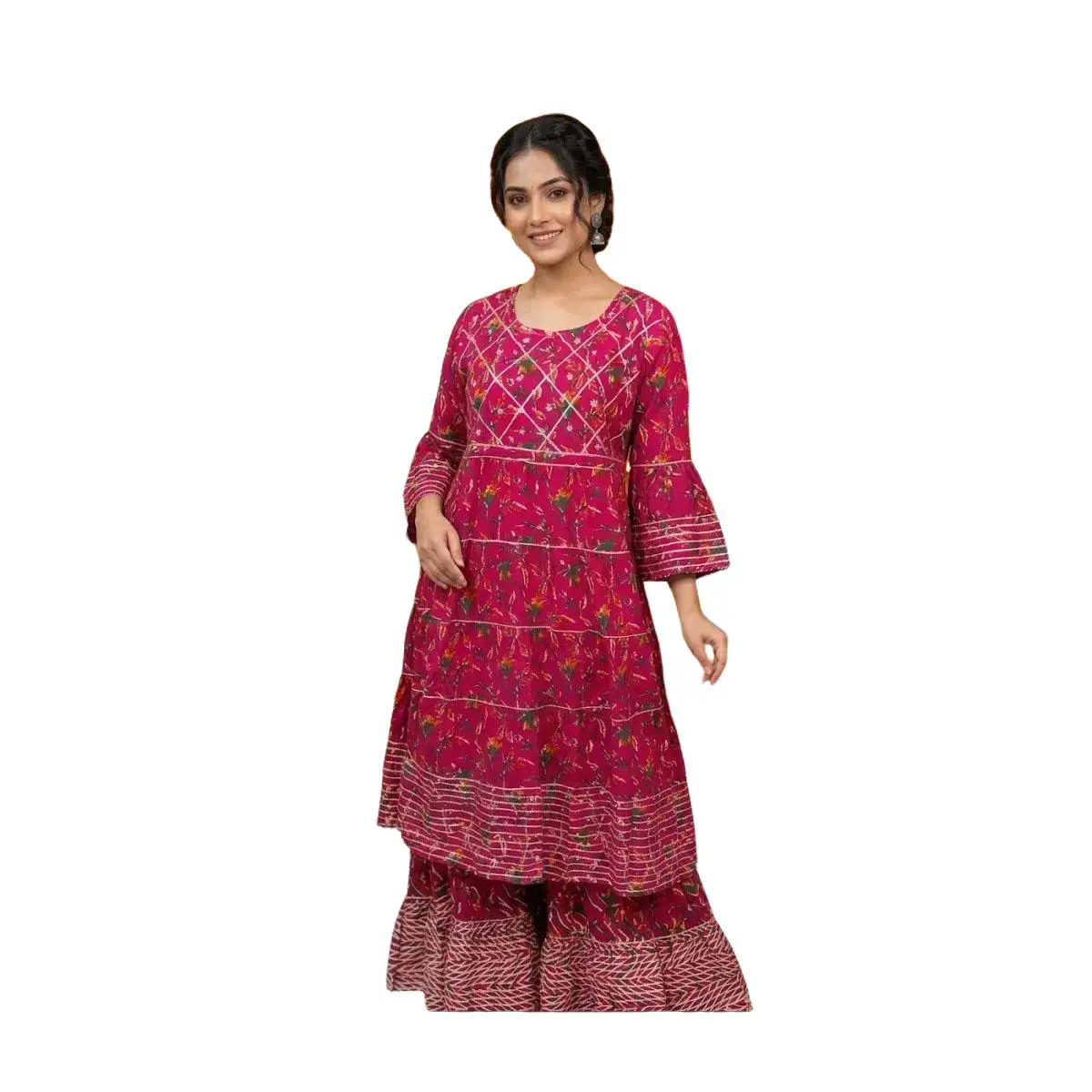#2PS-27 Magenta Floral Kurta with Gota Detailing & Coordinated Sharara | Bell Sleeves | Festive Ethnic Set