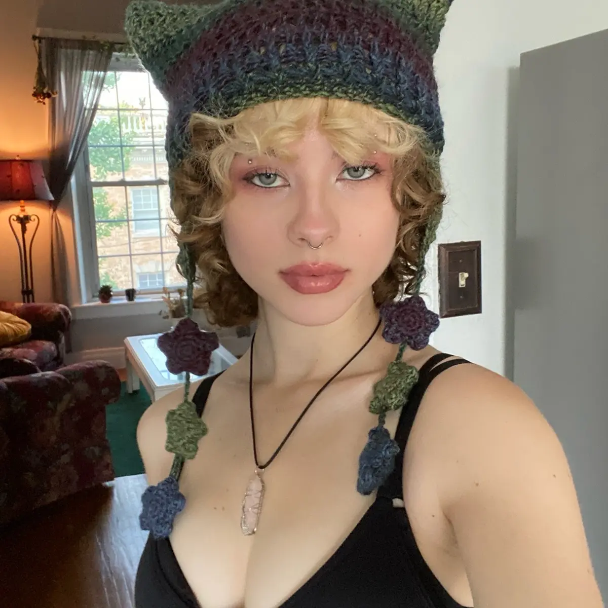 multicolor triple star strings cat ear earflap hat crocheted beanie
