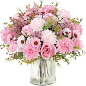 Artificial Flowers Like Real Artificial Bouquet 4 Packs Silk Artificial Roses Bouquet with Daisy Chrysanthemum Pink Flowers for Valentines Day Centerpiece Table Wedding Party Decor